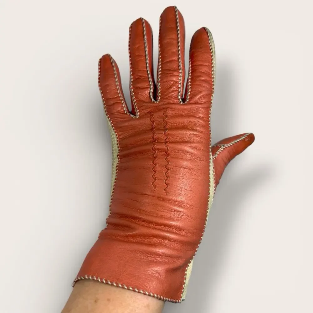 Vintage Kin Kid Leather Colorblock Gloves Ivory Orange Tablecut Size 6.5 1950s